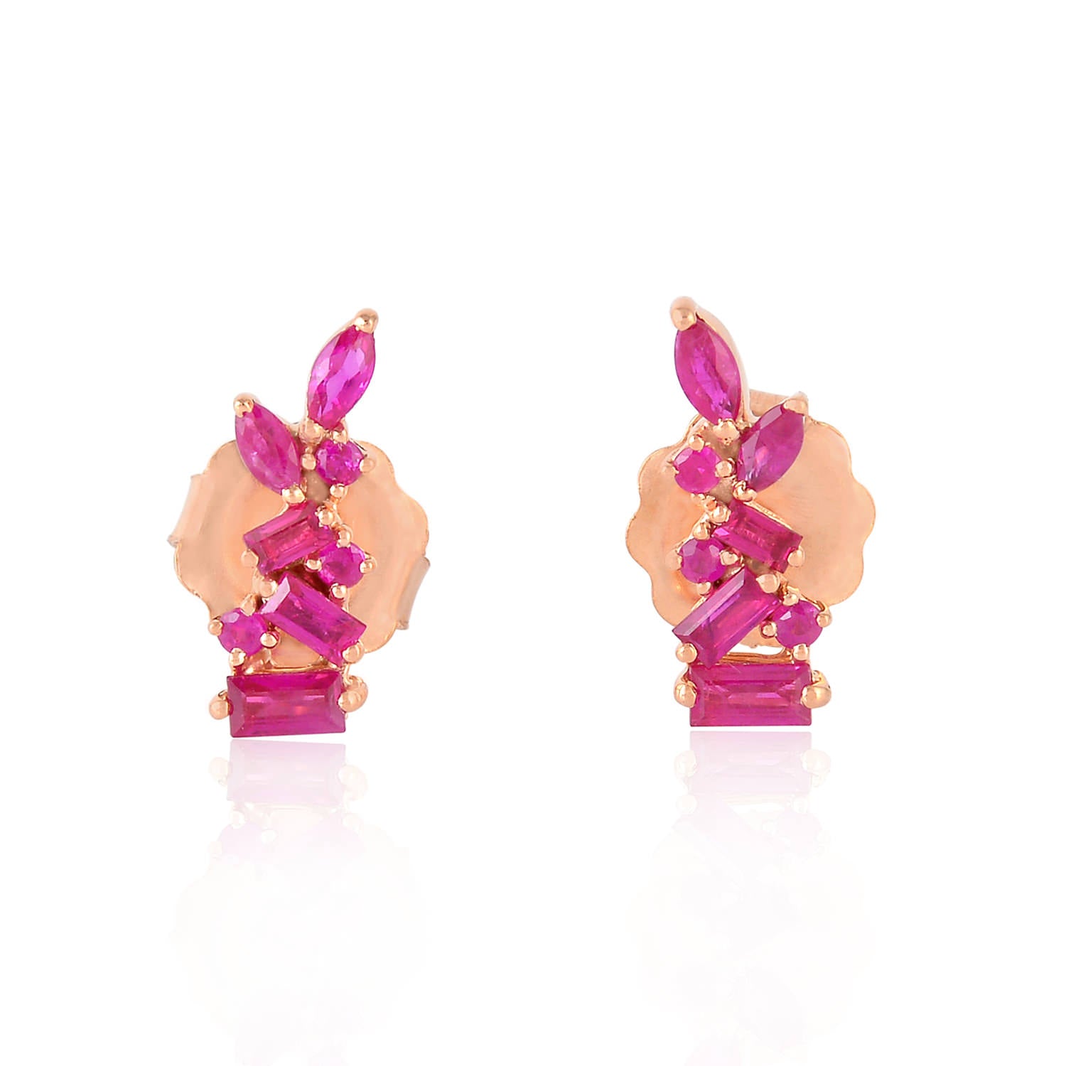 July Birthstone Ruby Stud Earrings in 18K Rose Gold – Mixed Cut Dainty Design