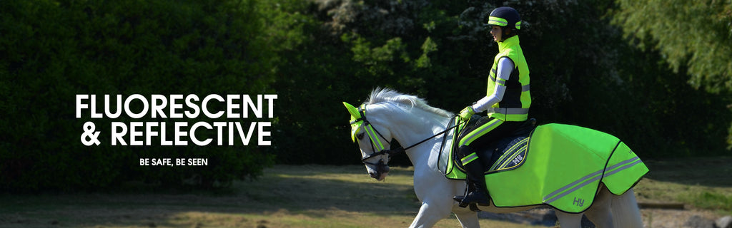 Fluorescent & reflective clothing for the rider and horse rugs and fly hood.