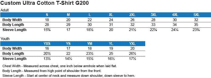 g200 shirt size charts