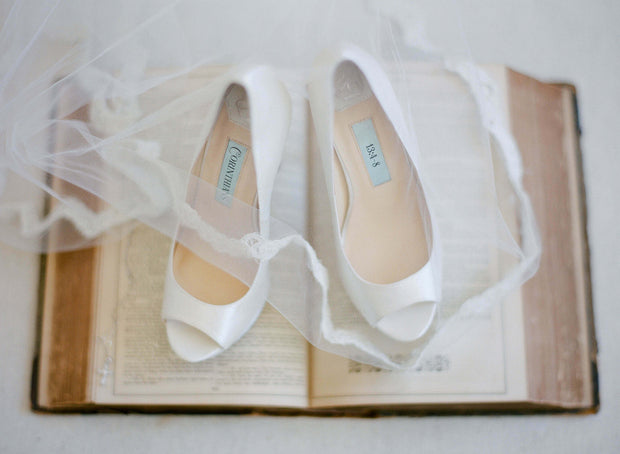 ivory satin peep toe wedding shoes