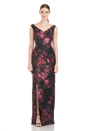 NEW $378 KAY UNGER [ 12 ] Bow Layne Jacquard Column Gown In Bordeaux Red  #S618