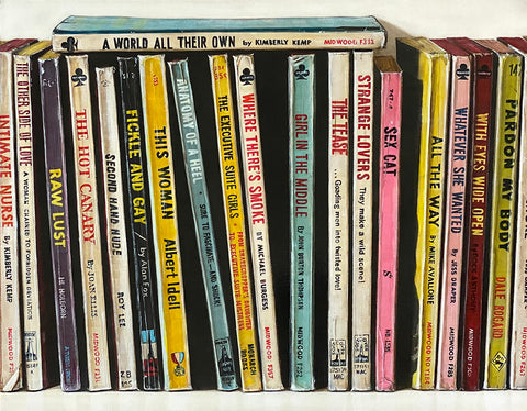 Holly Farrell Pulp Paperbacks (All The Way), 2020, acrylic & oil on board, 14 x 18 inches.