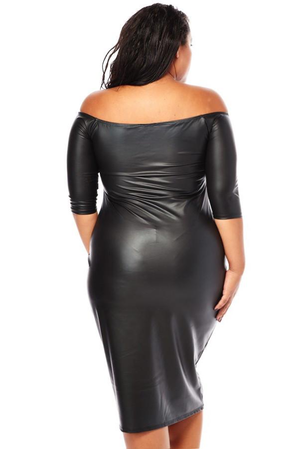 Plus Size Sexy Plunging Shoulder Leather Dress – slayboo