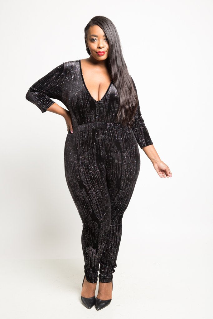 Plus Size V-Neck Velvet Jumpsuit – slayboo