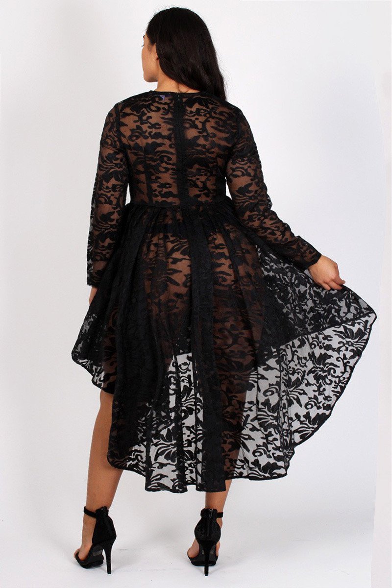 See Through Detailed Hi Lo Lace Plus Size Dress Slayboo