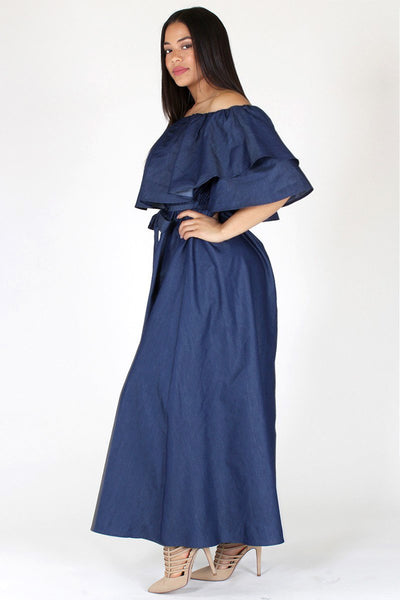 Plus Size Stunning Flounce Neckline Denim Maxi Dress Slayboo 7363