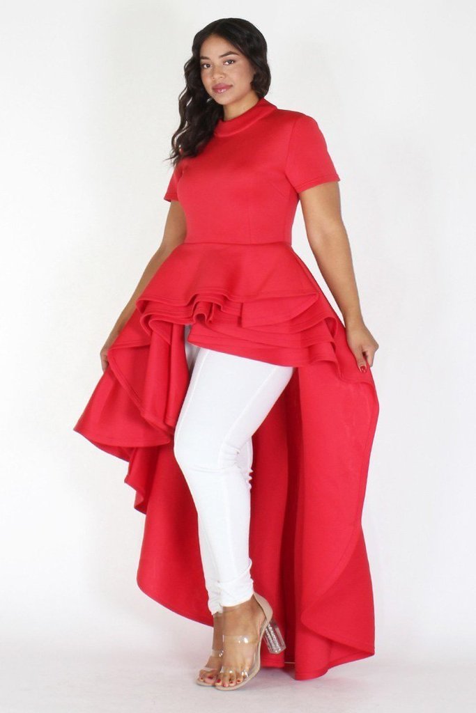 Plus Size Glam Short Sleeve Hi Low Tiered Dress Red