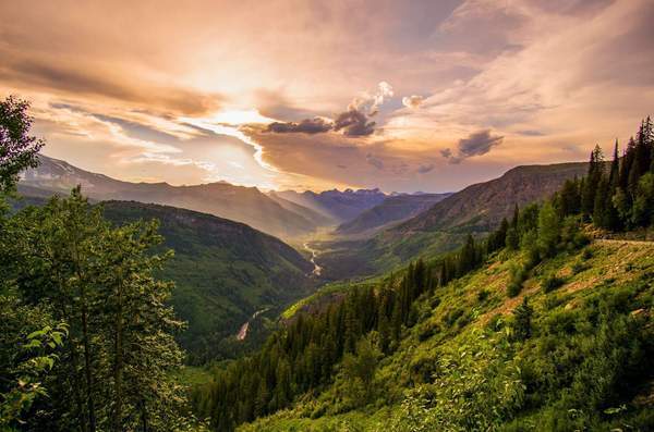 sunrise landscape of a valley with lush green forest trees