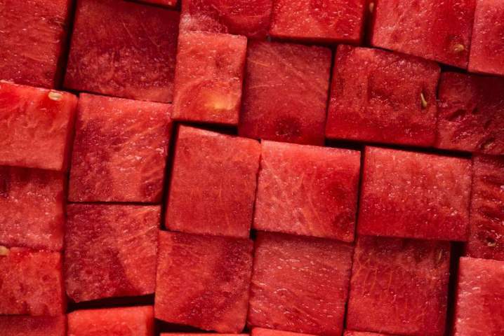 watermelon sliced in cubes close up top view