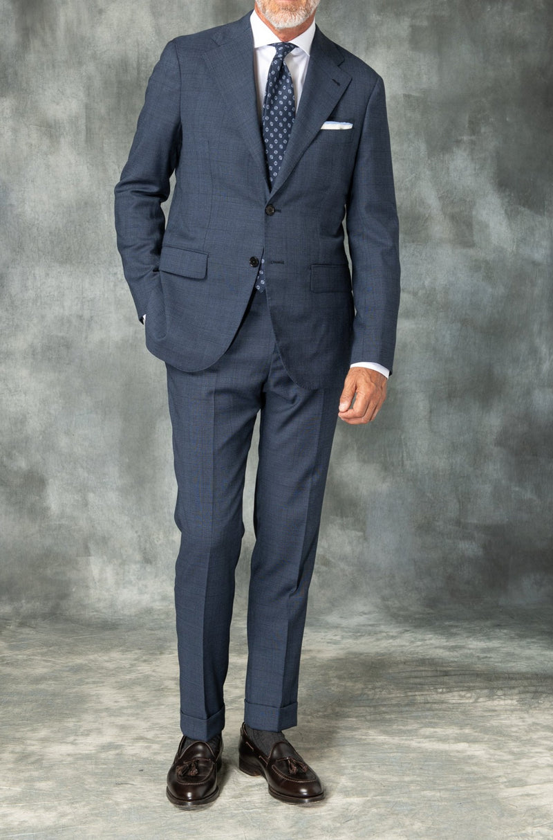 Blue Avio Prince of Wales Full Canvas suit in Loro Piana Wool - Made i ...
