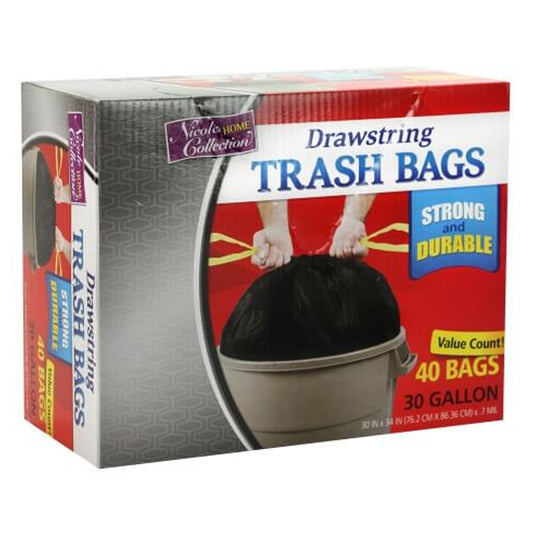 Nicole Home Collection Drawstring Trash Bags, 30 Gallon, Black, 40 ct