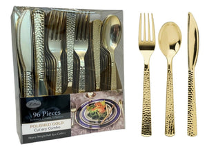 Lilian Tablesettings 96 Pcs Disposable Hammered Extra Heavyweight Gold Plastic Tableware