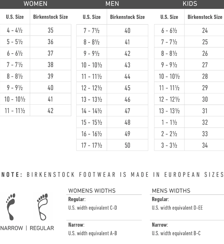 birkenstock arizona size chart