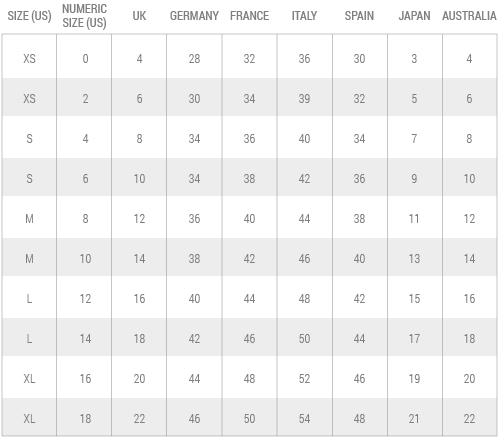 Regular Dress Size Chart