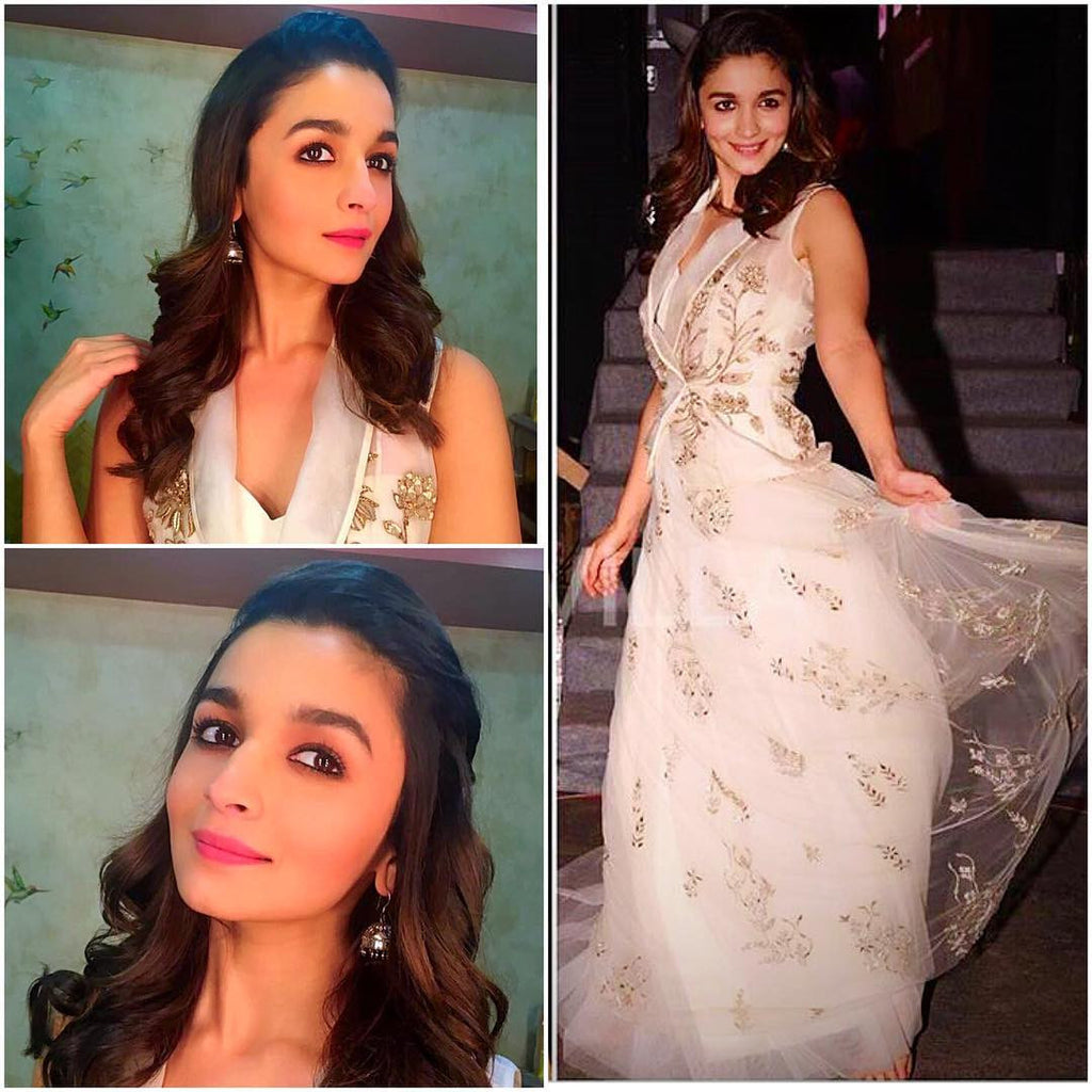 Alia Bhatt in Designer Anita Dongri's White Indowestern Dress at Badrinath ki Dulhania movie Promotion