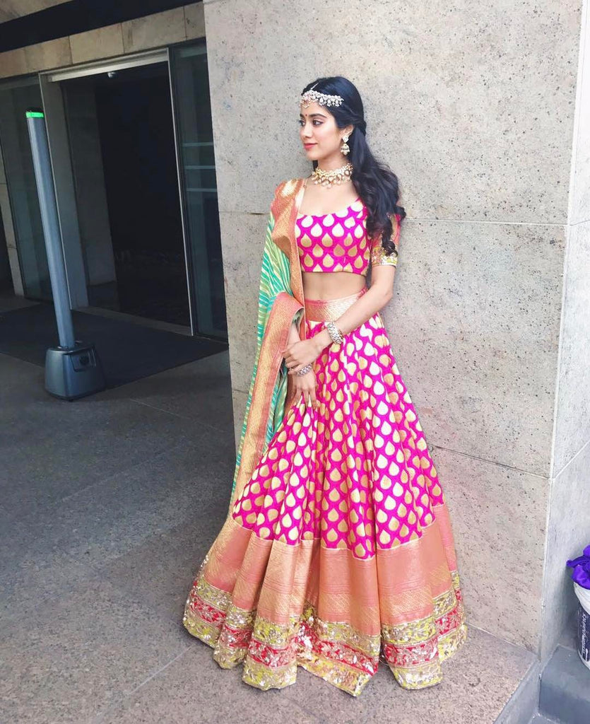 Shridevi's Daughter Jhanvi Kapoor in Traditional Handloom Banarasi Silk Lehanga Top Lehariya Dupatta Indianwear Manish Malhotra