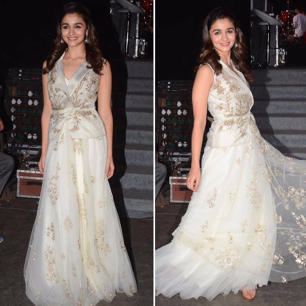 Alia Bhatt in Designer Anita Dongri's White Indowestern Dress at Badrinath ki Dulhania movie Promotion