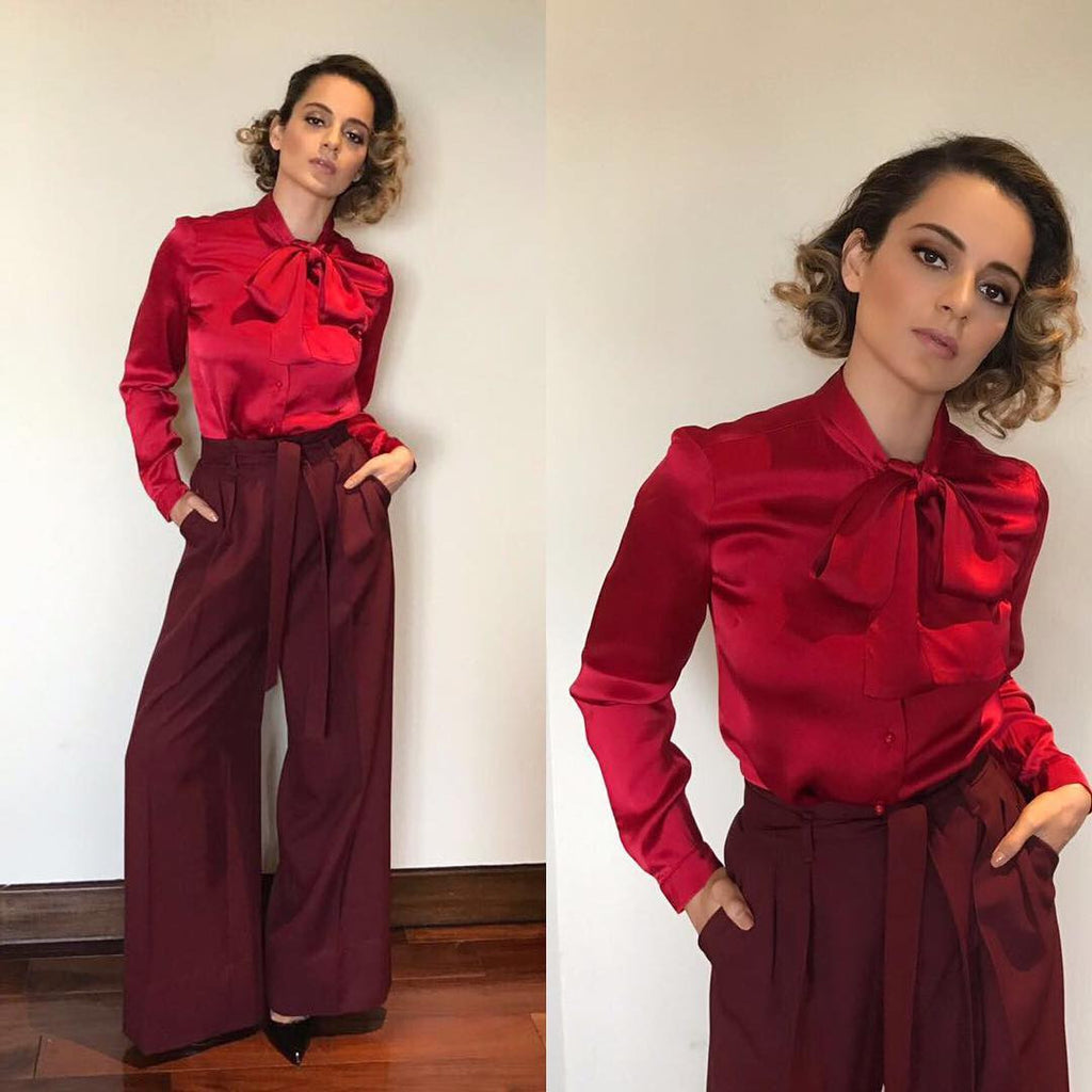 Kangna in Red shirt with brown pant at Rangoon Movie Promotion
