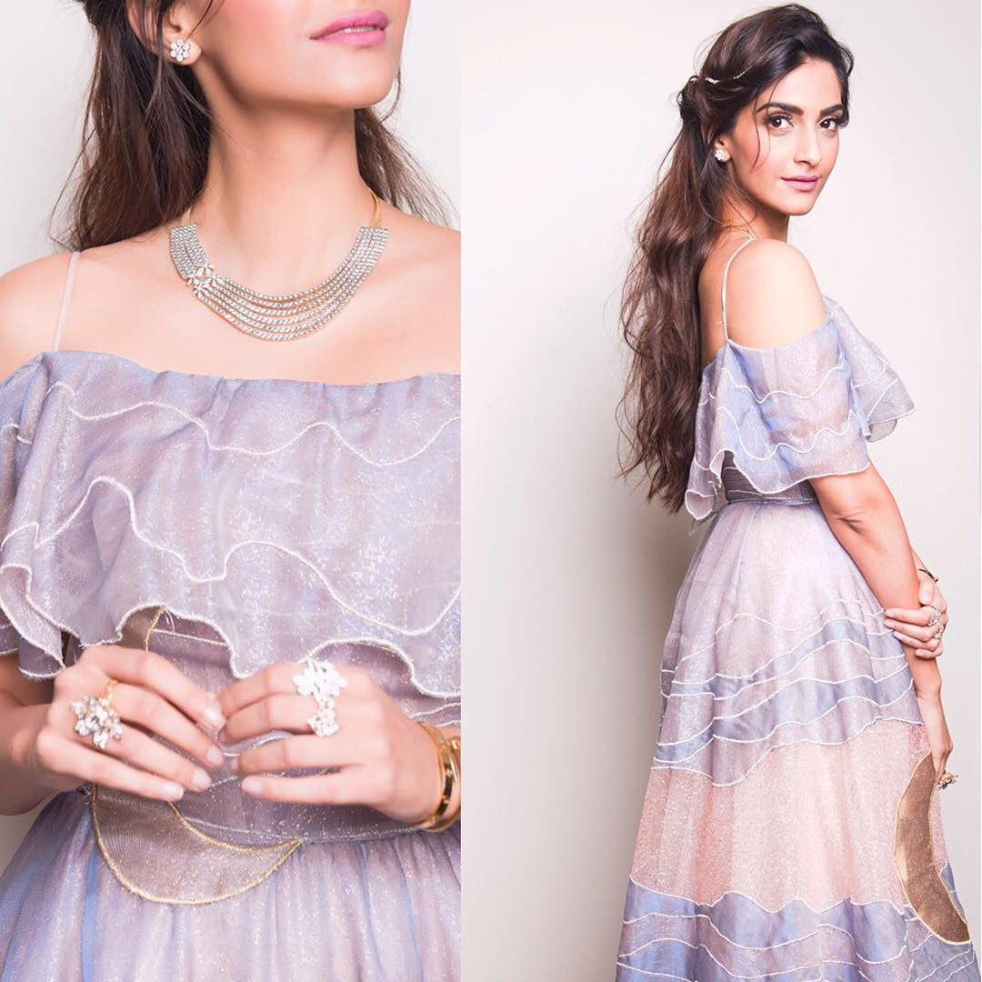 Sonam Kapoor in SandraMansour SS17 Collection's designer off-shoulder maxi dress at Kalyan Jewellers Delhi event