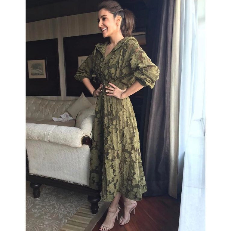 Anushka Sharma in Rosie Assoulin Resort's  2017 Collection's Olive Green Dress at her upcoming movie Phillauri Promotion