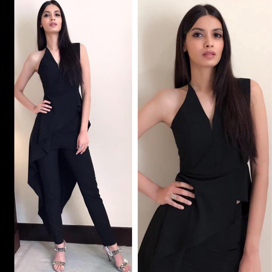 Diana Penty Wearing a asymmetric cascade top and matching pants by Michelle Mason Spring 2017 Collection attended the launch of a makeup label in Delhi 