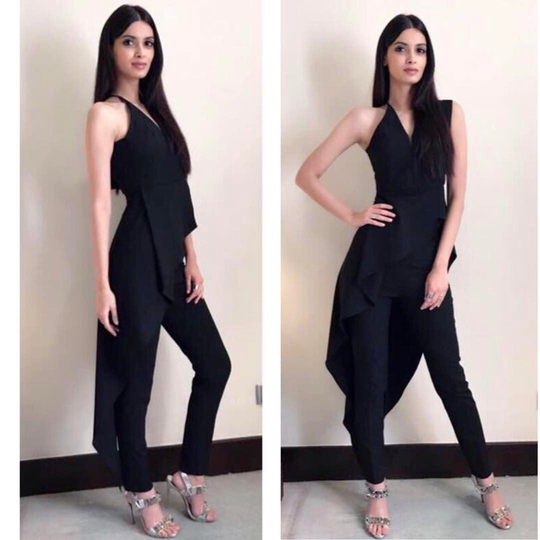 Diana Penty Wearing a asymmetric cascade top and matching pants by Michelle Mason Spring 2017 Collection attended the launch of a makeup label in Delhi 