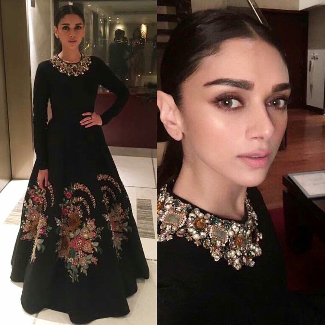 Aditi Rao Hydari in a black floral embroidered gown by Sabyasachi at Kaatru Veliyidai Promotional event 