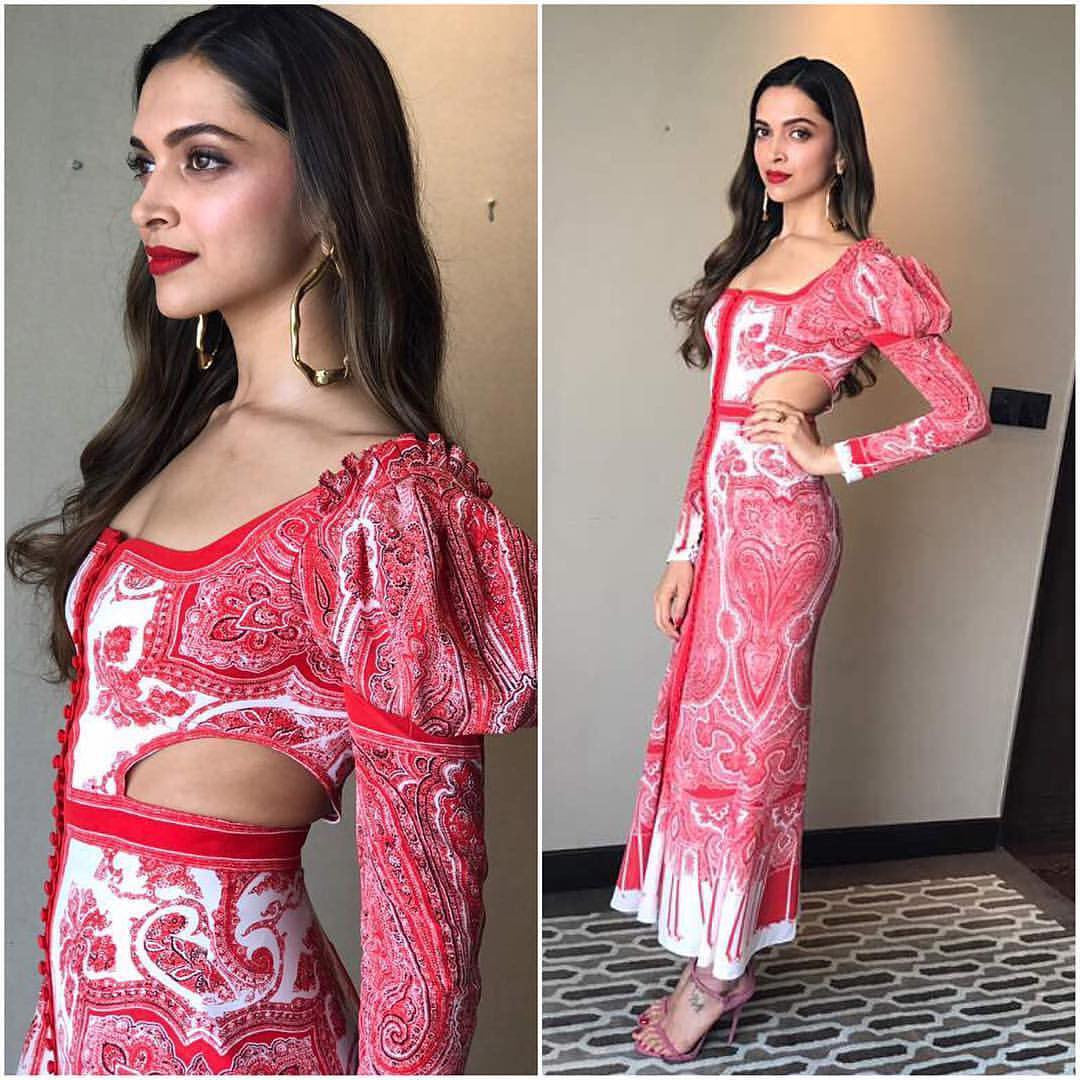 Deepika Padukone In Red & White Printed Midi Dress From Alexander Mcqueen’s Spring 2017 Collection 