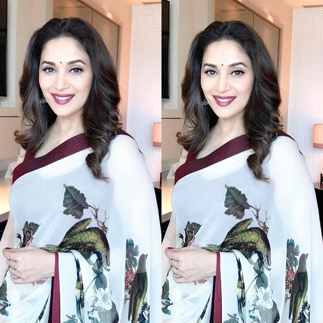 Madhuri Dixit Looked Gorgeous in Rohit Bal's Designer Floral Printed Saree