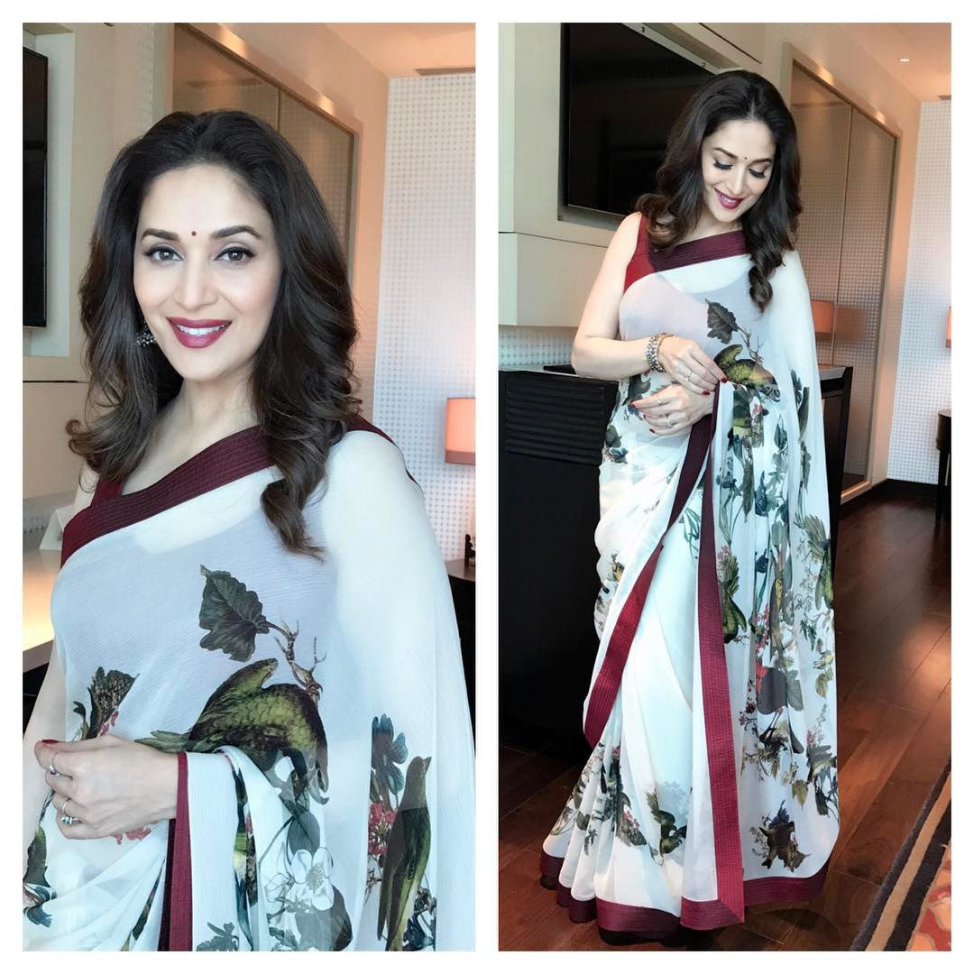 Madhuri Dixit Looked Gorgeous in Rohit Bal's Designer Floral Printed Saree