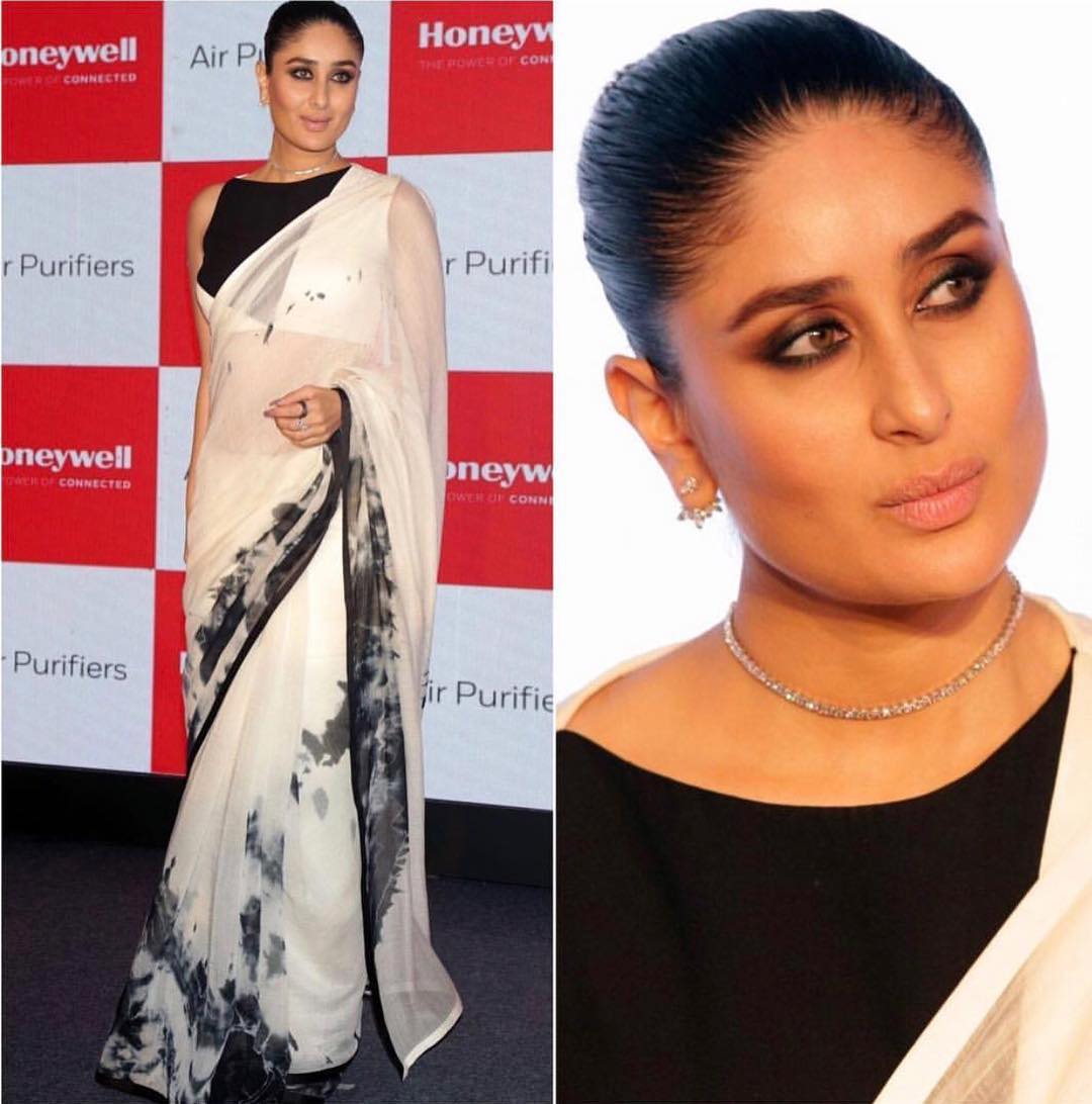 The gorgeous Kareena Kapoor Khan making it fabulously fashion forward in a monochrome saree by Bloni Atelier as their Brand Ambassador For Honeywell Air Purifier