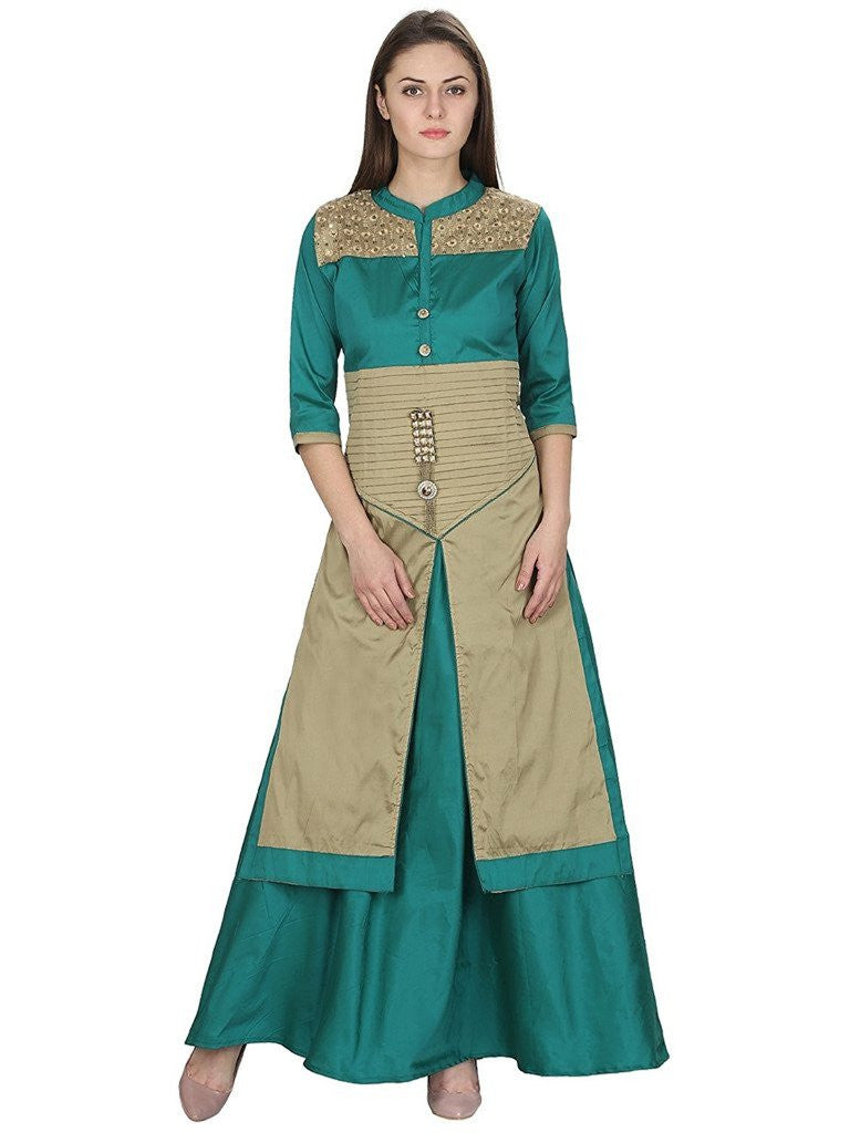 Turquoise Color Tuffeta Long Kurtas With Skirts 