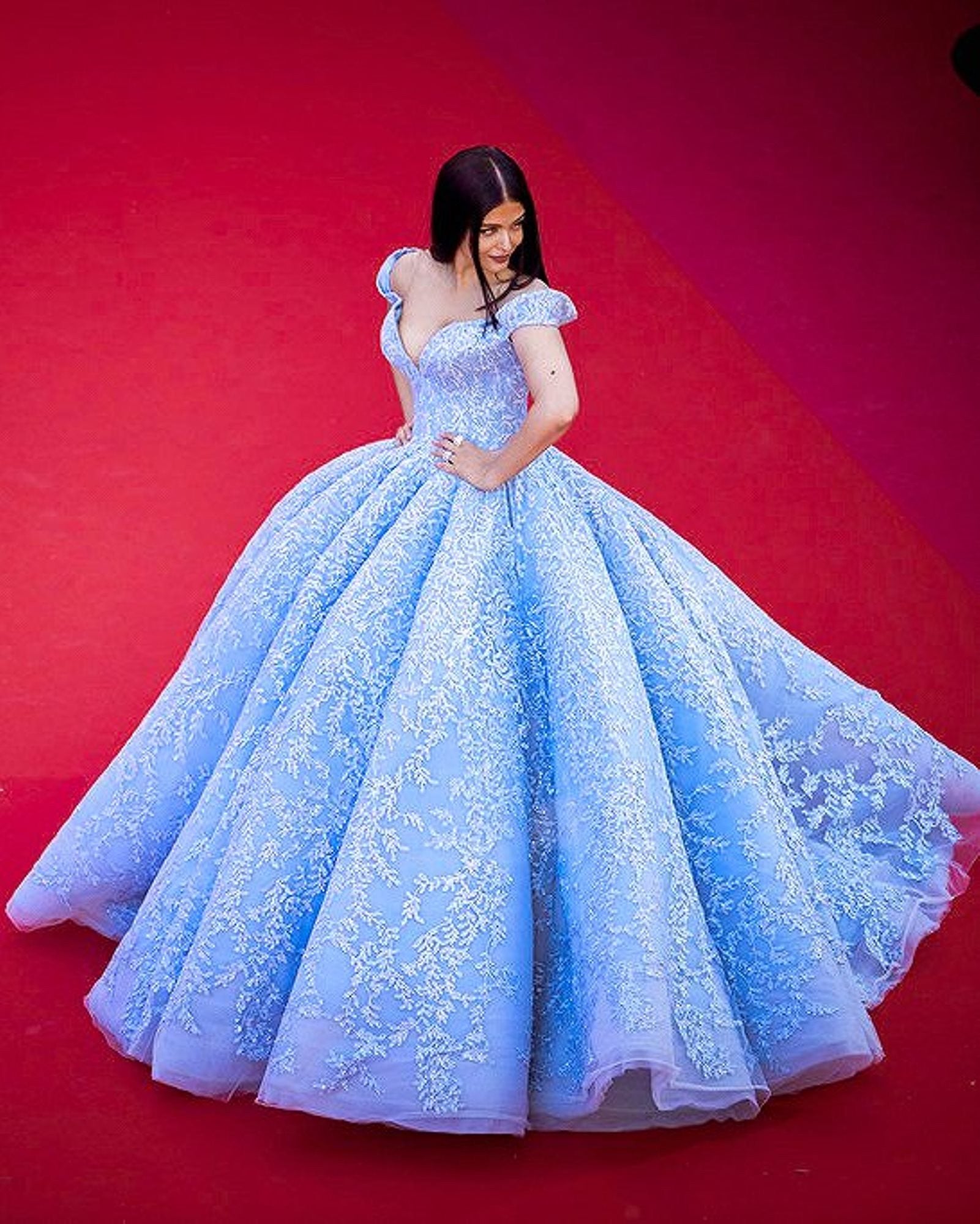 Aishwarya Rai Bachchan looked ethereal in a powder-blue brocade ball gown by Michael Cinco