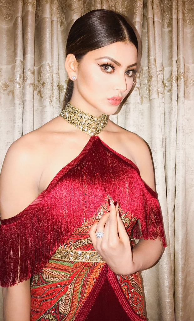 Urvashi-rautela-in-designer-long-red-gown-western-wear-off-shoulder-dress