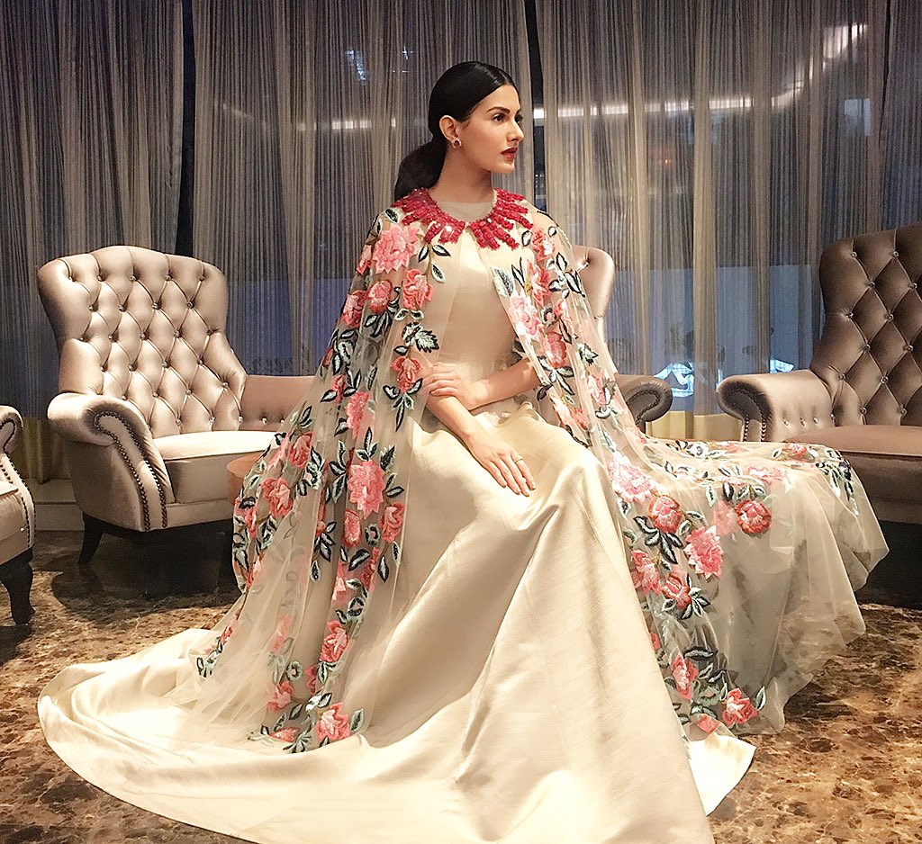 Amyra Dastur in fashion designer manish malhotra's designer LONG dress with printed cape