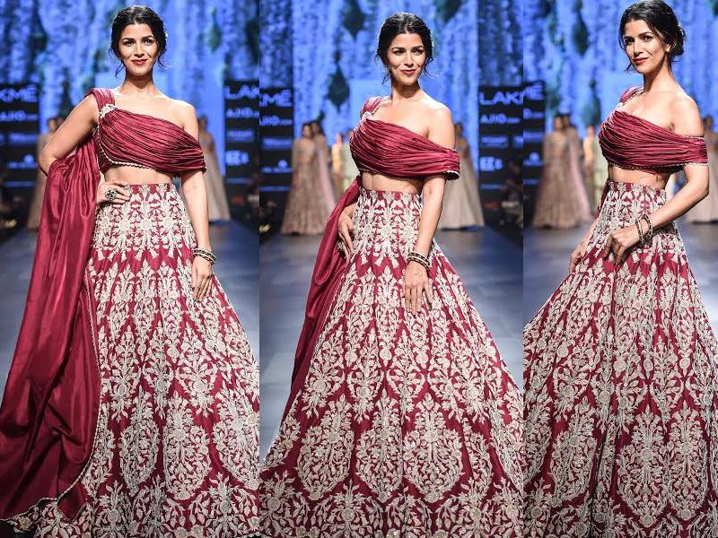 Nimrat Kaur looks regal in red embroidered lehenga choli by Sonam & Paras Modi at lakme fashion week 2017 