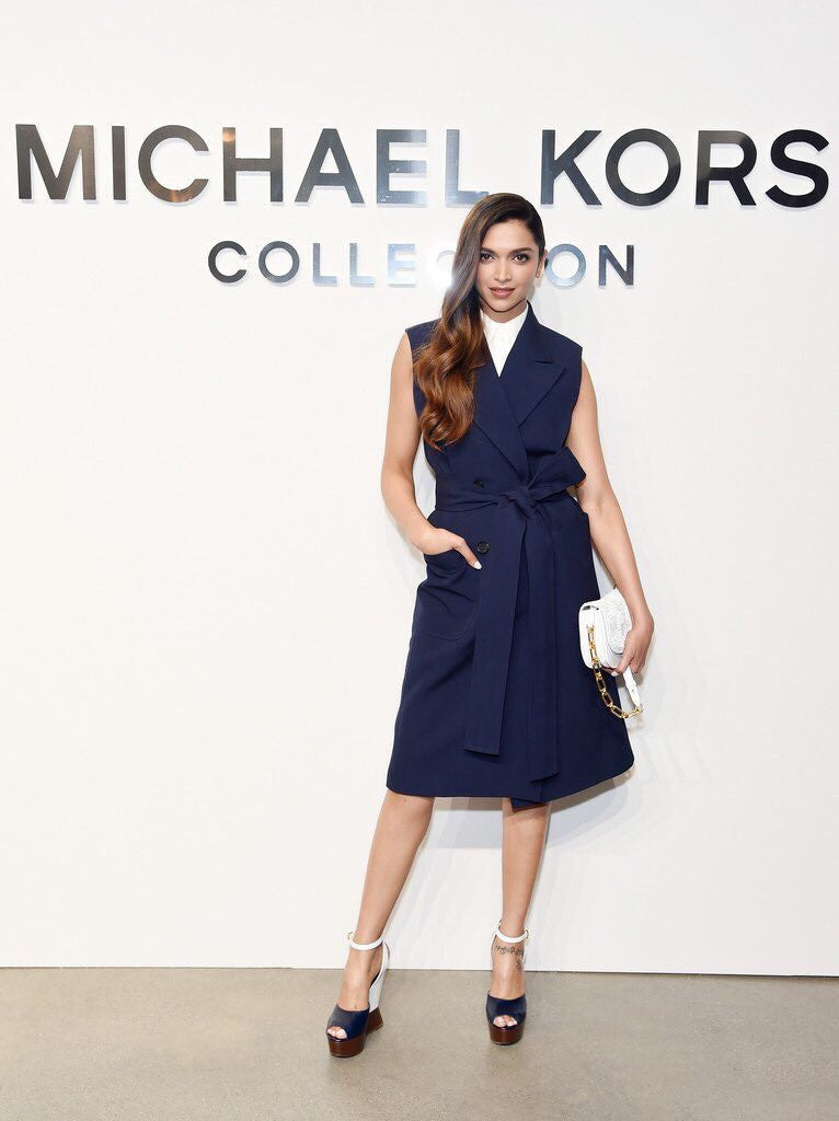 Deepika Padukone in Michael Kors Spring 2017 collection navy blue trench dress