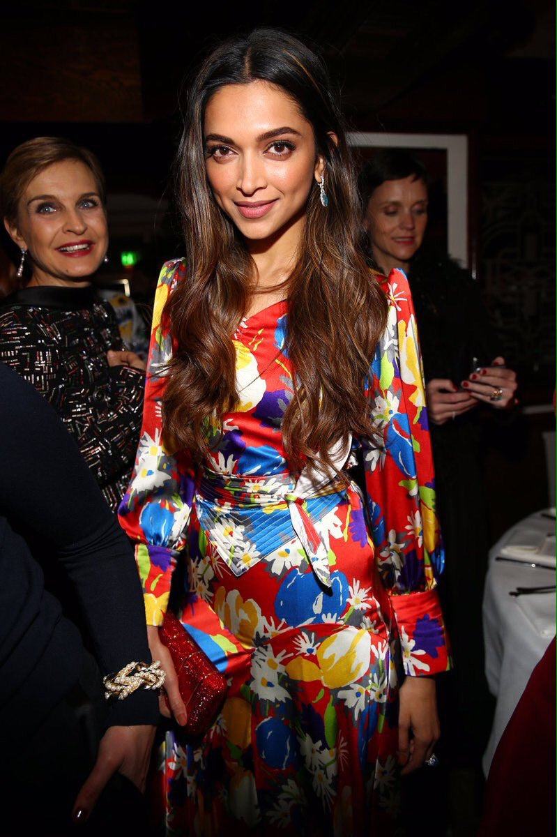 Deepika Padukon attended the Chanel Pre-Oscar dinner Duro Olowu's Spring Fall 2017 Collection's multicolor Printed Dress
