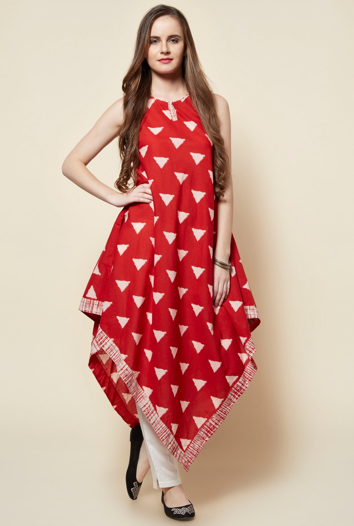 Asymmetrical-red-Cotton-Anarkali-Kurta