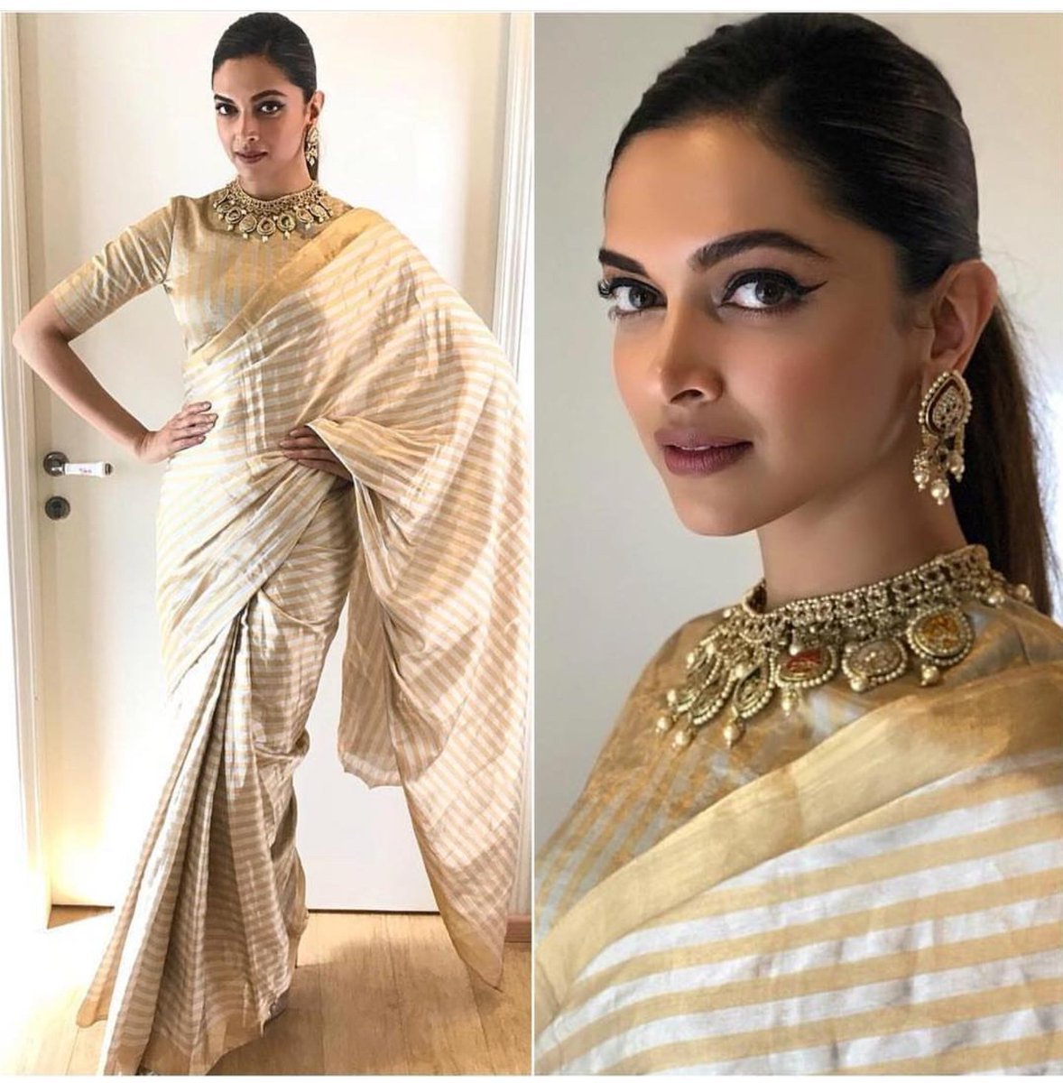 DP wore an off-white golden stripes design cotton silk saree from Raw Mango which she paired with matching high neck blouse.