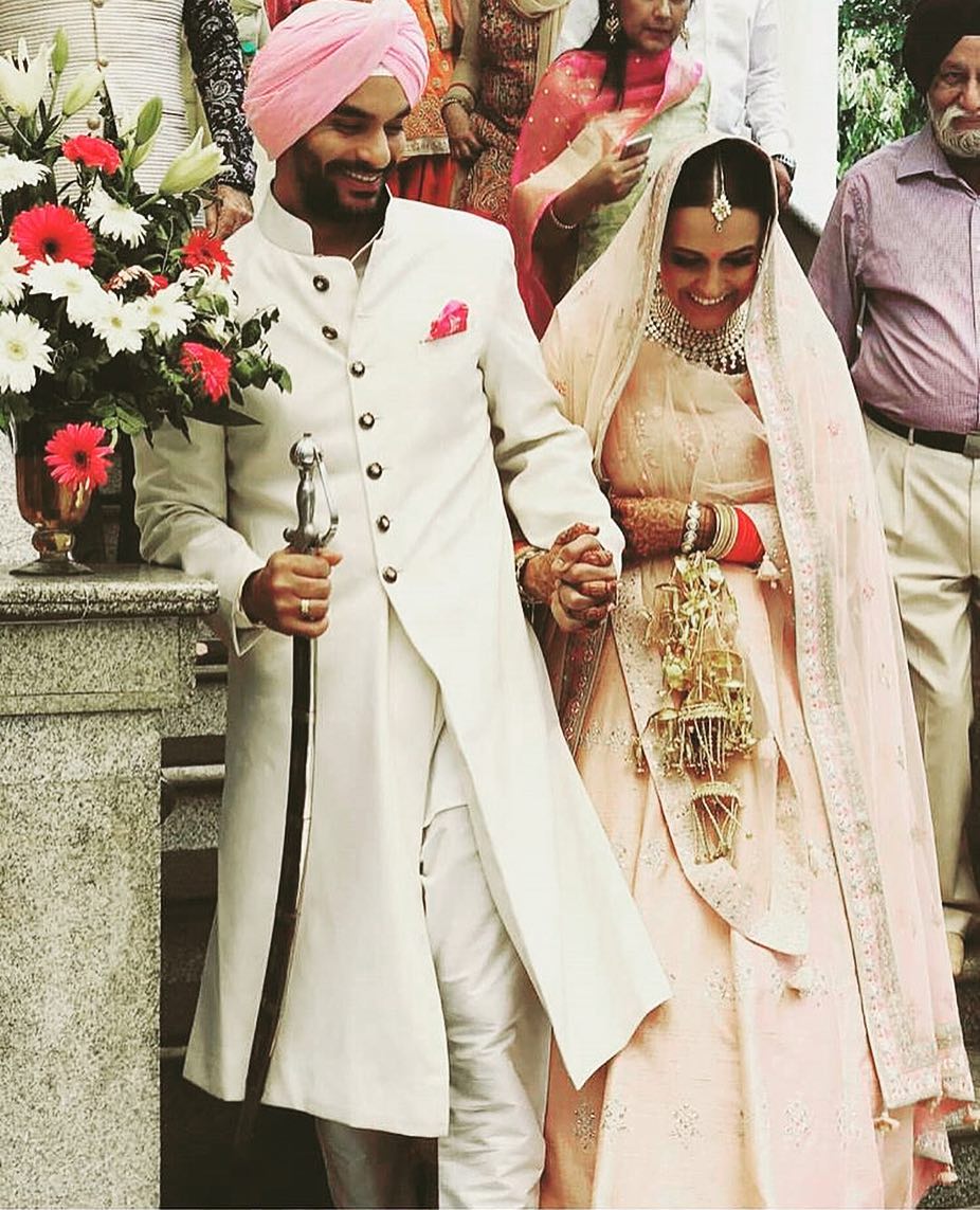 Neha Dhupia in Anita Dongre's Blush Pink Lehenga