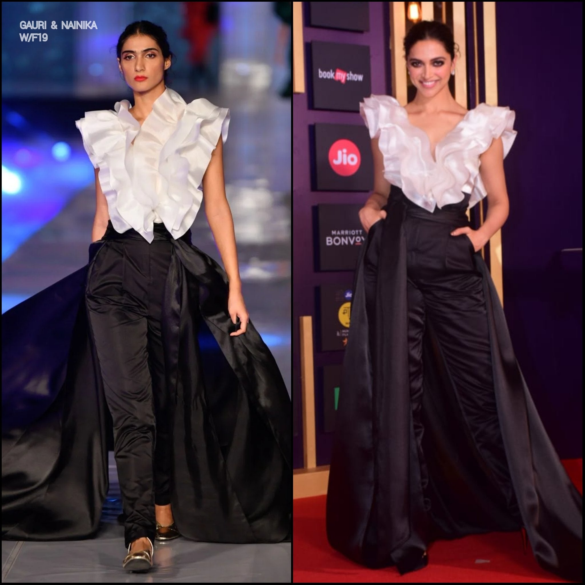 Deepika Padukone in a Ruffled Top and Pant Skirt from Gauri and Nainika's Collection