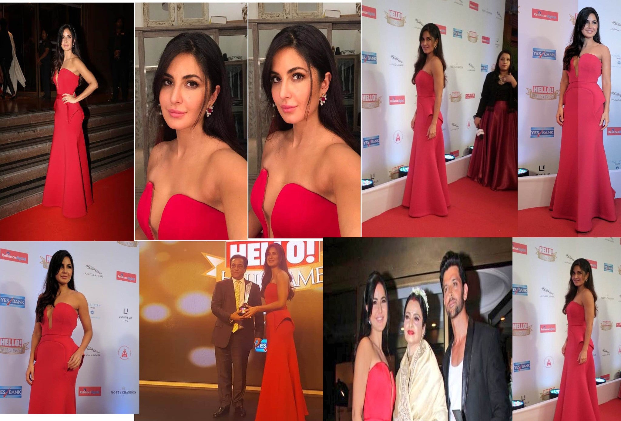 Gracing the red carpet was Katrina Kaif wearing a red Abu Jani Sandeep Khosla gown at Hello Fame Award 