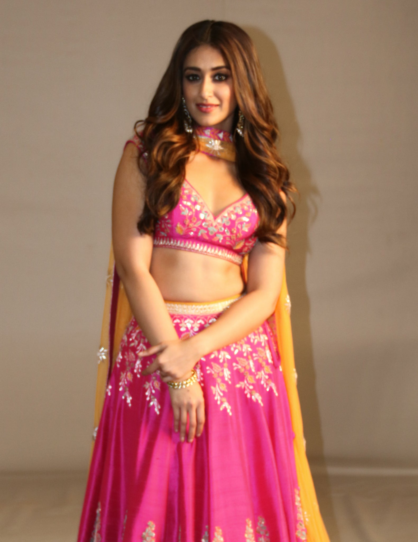 leana D'Cruz wearing an Anita Dongre lehenga for her latest film Mubarakan