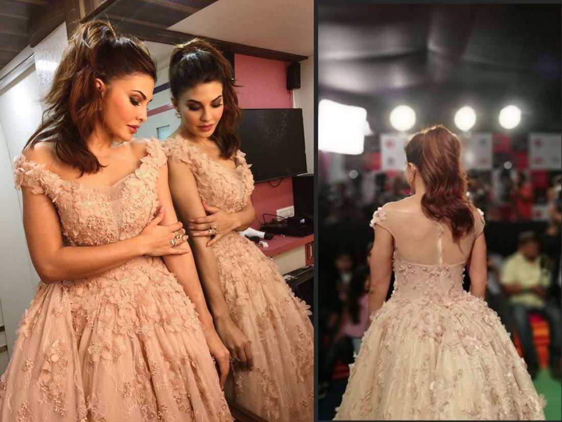 Jacqueline Fernandez wore a nude beige ball gown designed by Dar Sara. 