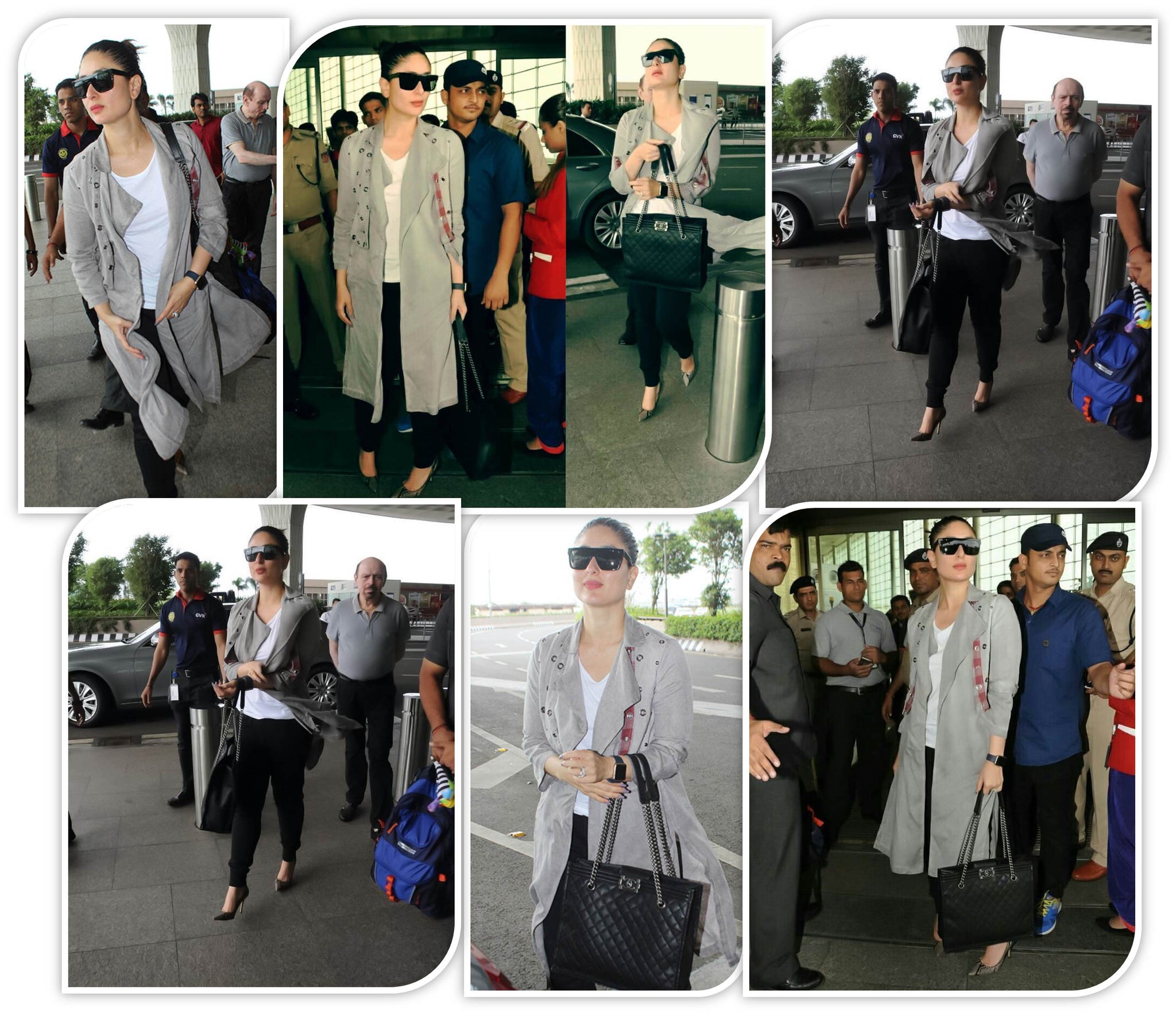 Kareena Kapoor Dressed in a plain white T-shirt, a pair of black jeggings and a long grey jacket,