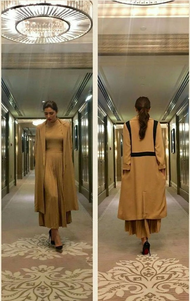 Mahira Khan in a chic brown pleated midi dress with Long Coat  from House of Nomad