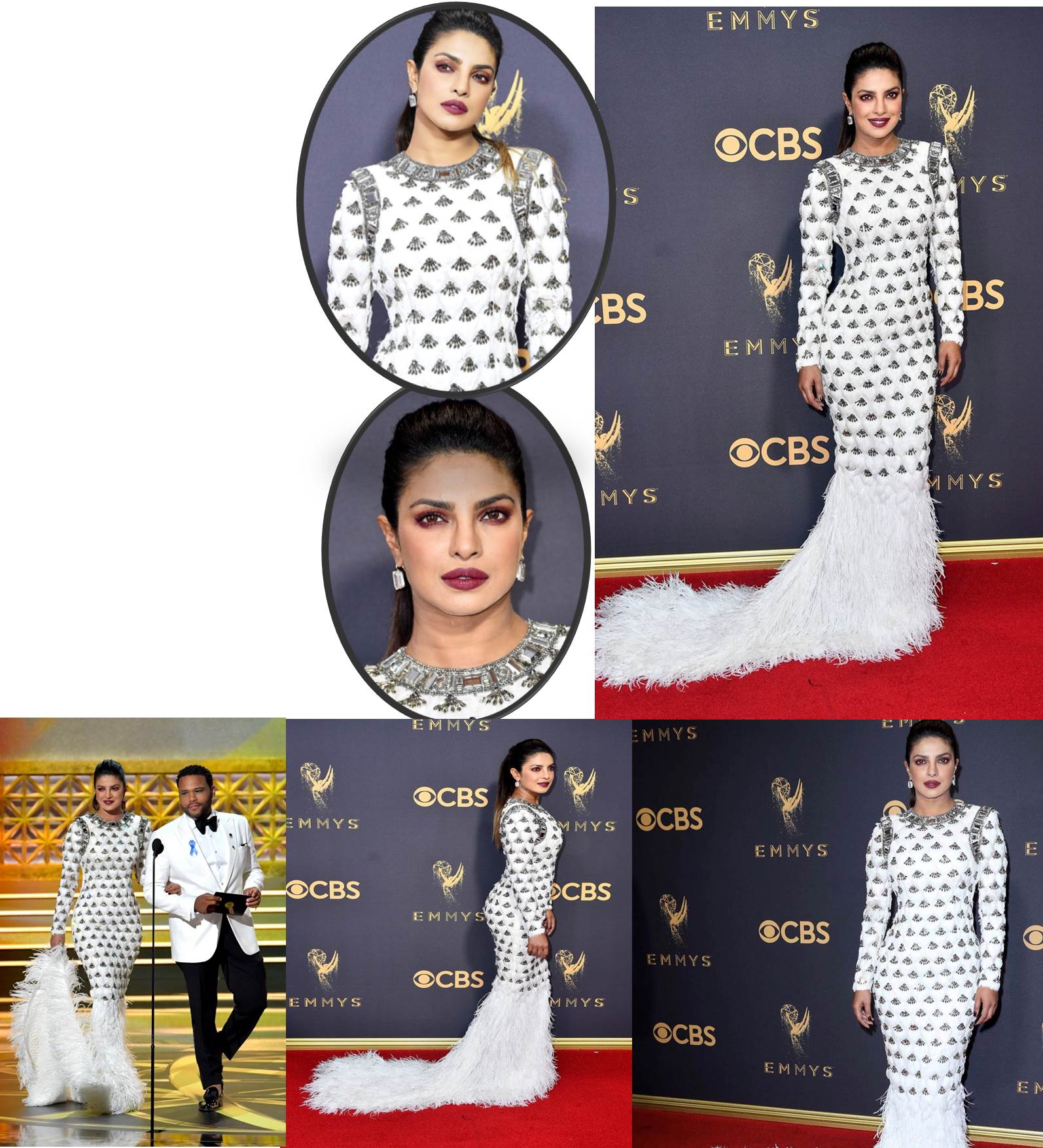 Priyanka Chopra wore a custom-made BALMAIN gown to attend the 2017 Emmys Awards in Los Angeles. 