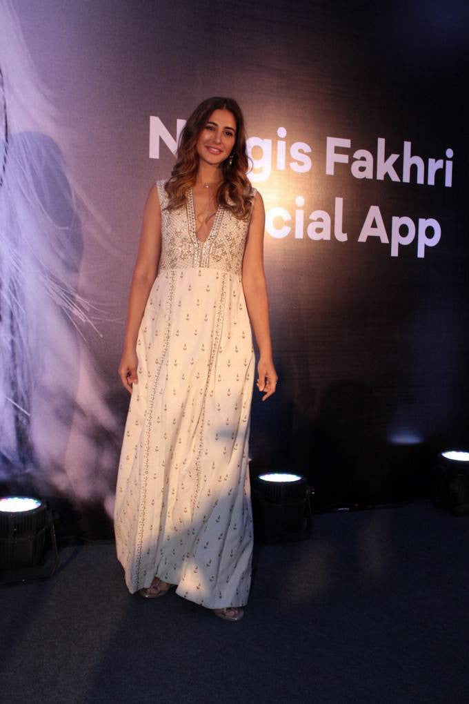 Bollywood Actress Nargis Fakhri In Anita Dongri's Designer Dress at Launching Her Own Mobile App in Mumbai