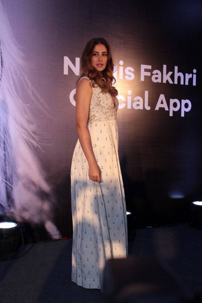 Bollywood Actress Nargis Fakhri In Anita Dongri's Designer Dress at Launching Her Own Mobile App in Mumbai